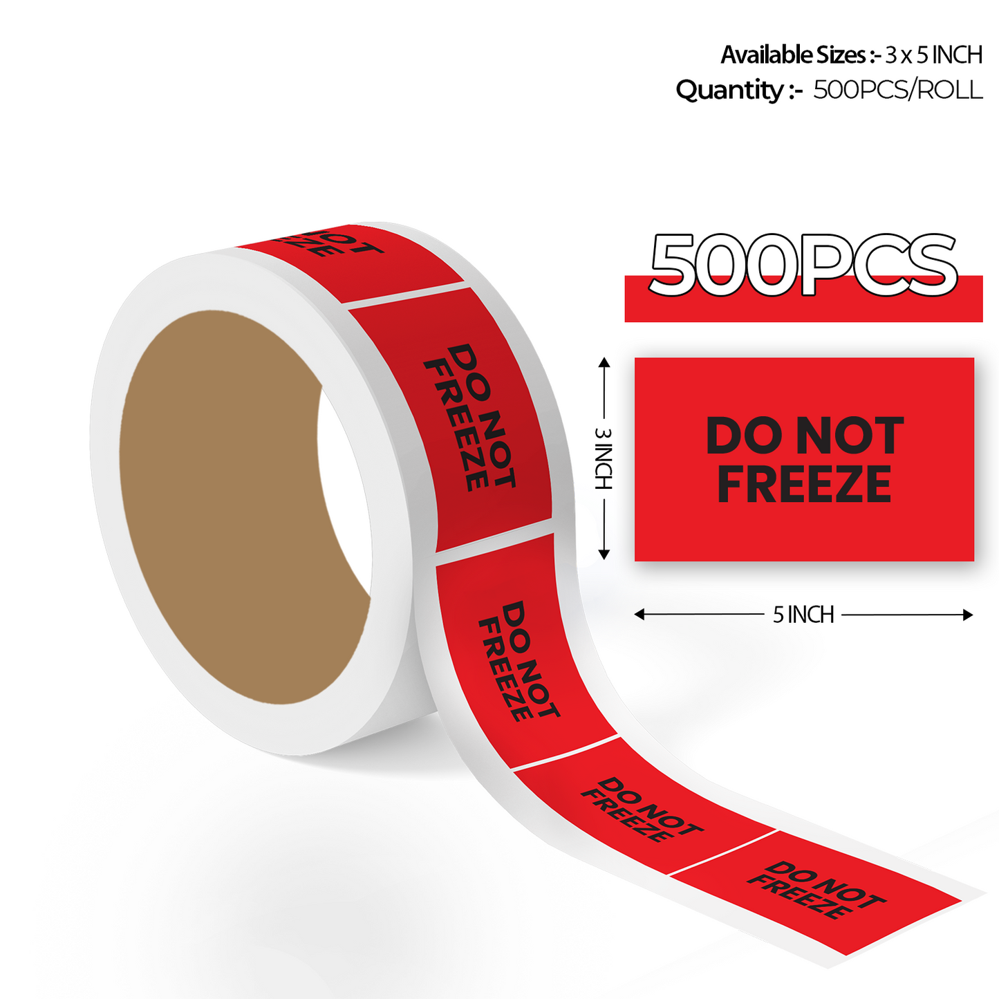 500 pcs roll of 3x5 inch red do not freeze warning sticker labels with bold black text for cold storage and shipping use