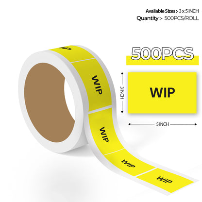 500 pcs roll of 3x5 inch yellow work in progress production labels with bold black text for manufacturing and warehouse management