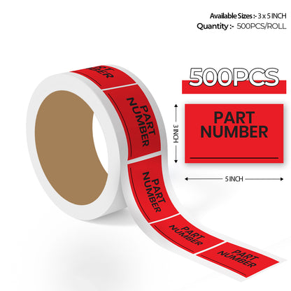 500 pcs roll of 3x5 inch red part number label stickers with bold black text for inventory management and parts identification