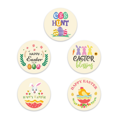 Assorted Happy Easter Egg Hunt Design Easter stickers showing 5 round label designs with egg hunt eggs on grass, Happy Easter wreath, Easter blessing bunnies, cracked egg bunny and yellow chick in bowl patterns on cream background