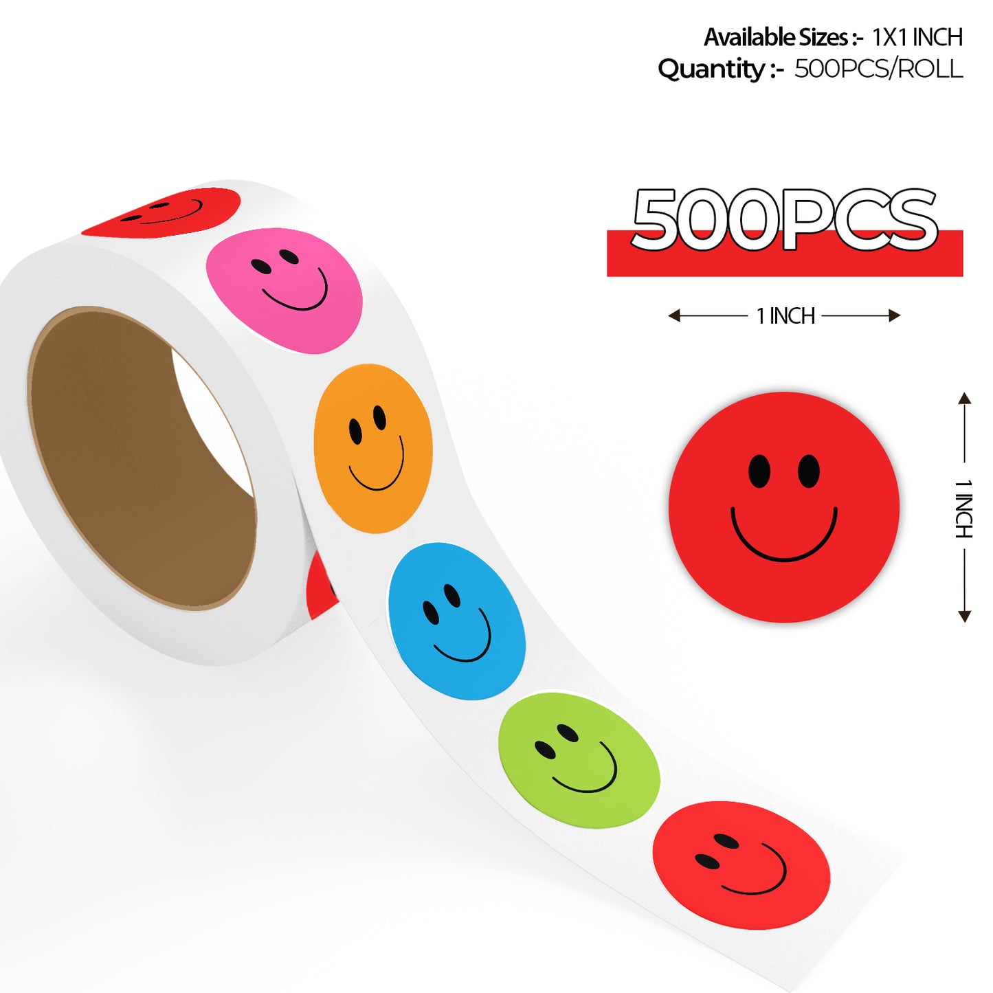 Multi Color Smiley Face - 500 Labels/Roll - 1"x1" / 2"x2" / 3"x3"