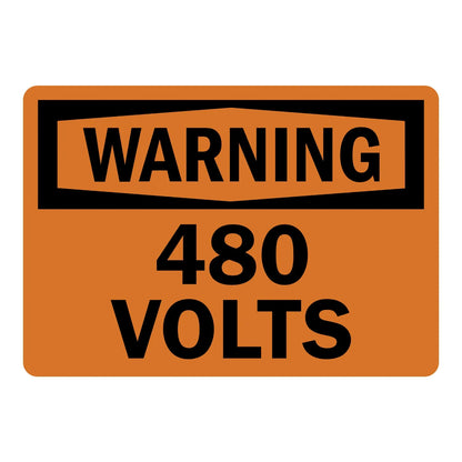 OSHA Warning: 480 Volts Sign Sticker with orange background and bold black text, alerting workers to high-voltage equipment operating at 480 volts.