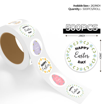 Assorted Happy Easter Day Wreath Design Easter stickers roll 500 pieces per roll 2x2 inch size showing green leaf and blue flower wreath round label designs on white background