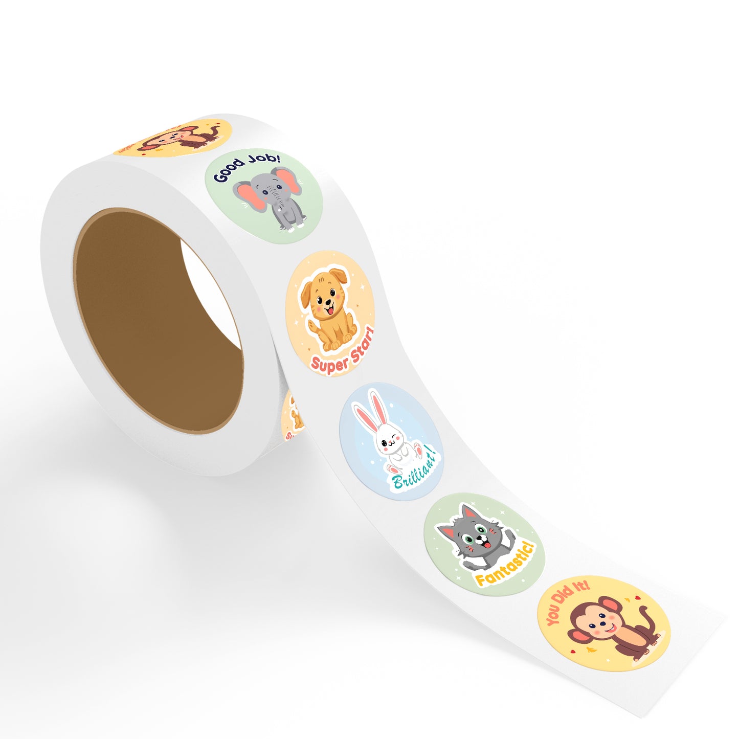 roll of encouraging stickers for kids with super star puppy closeup showing cartoon animal designs including good job elephant brilliant bunny fantastic cat and you did it monkey