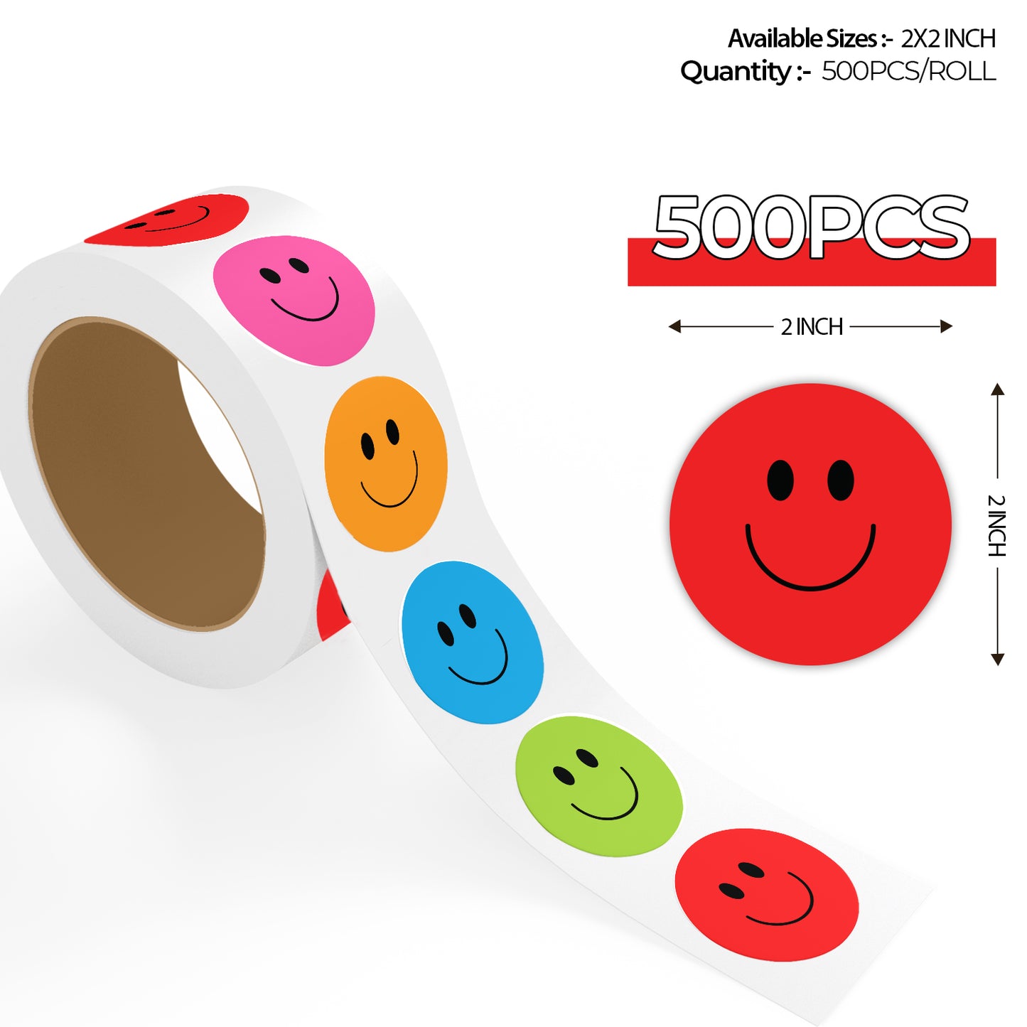 Multi Color Smiley Face - 500 Labels/Roll - 1"x1" / 2"x2" / 3"x3"