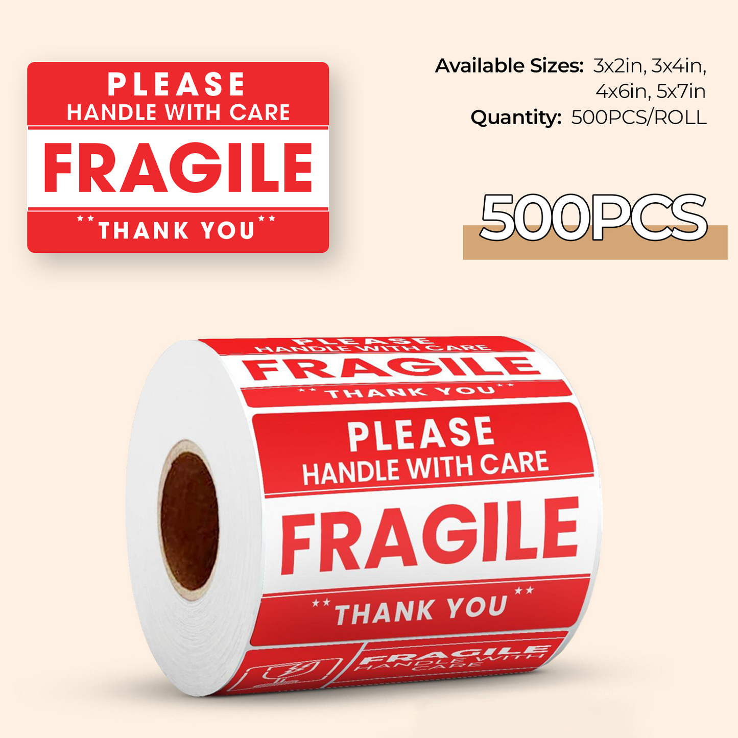 Fragile Handle With Care 2 - Roll / Sheet - 3"x2" / 3"x4" / 4"x6" / 5"x7"