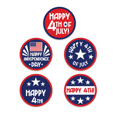 Five assorted 4th of July circular sticker designs in red, white, and blue, including "Happy 4th of July!," "Happy Independence Day" with an American flag, "Happy 4th of July" with a star, "Happy 4th!" with stars, and "Happy 4th!" with a striped banner design.