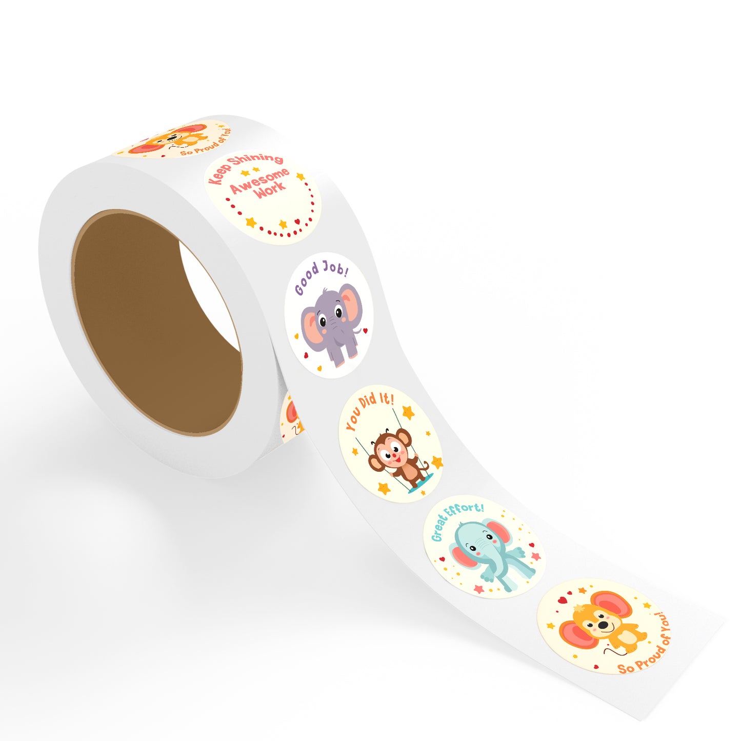 roll of encouraging stickers for kids featuring cute animals with motivational messages like keep shining awesome work good job you did it and great effort