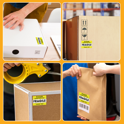 "Four-panel image showing yellow Fragile Handle With Care stickers applied on various packages, boxes, and bags for safe shipping."