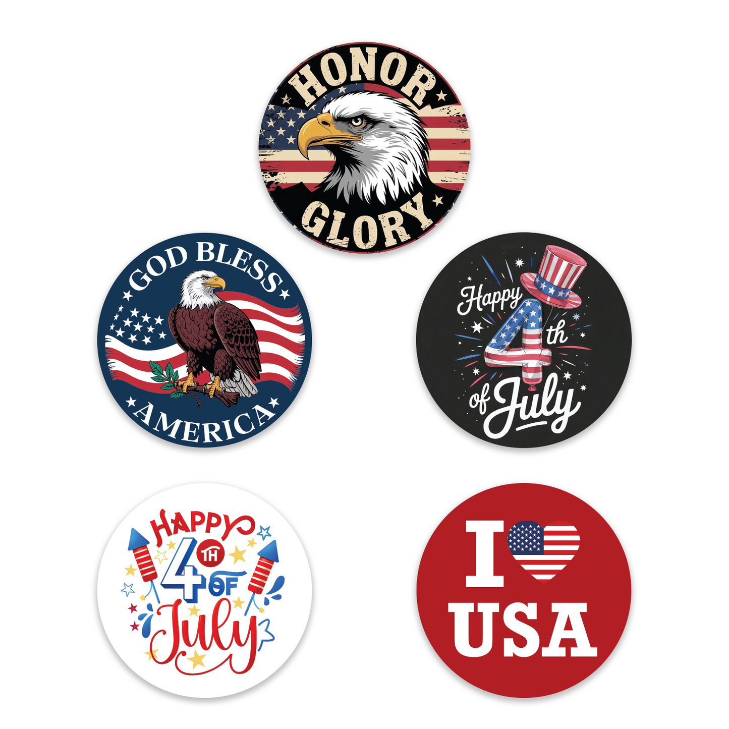 set of five 4th of july stickers featuring patriotic assorted designs including honor glory bald eagle god bless america happy 4th of july and i love usa round stickers