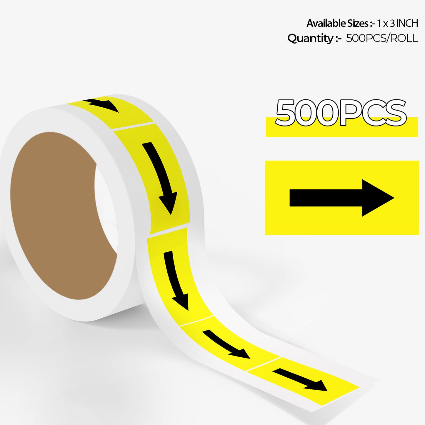 StickerJet Yellow Arrow – OSHA Quality Control Roll Labels – 1x3" Rectangle Labels – 500 Qty/Roll – Paper, Easy Peel And Stick, Strong Adhesive, Made In USA