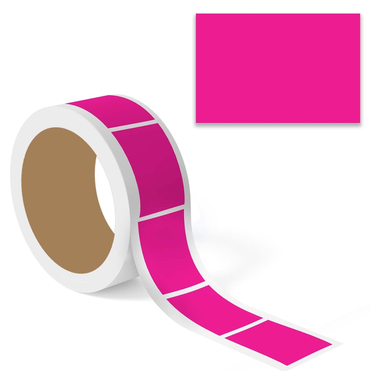 "Fluorescent Pink Color Code Rectangle Labels sticker roll with enlarged preview, solid rectangular colored label stickers on white background."