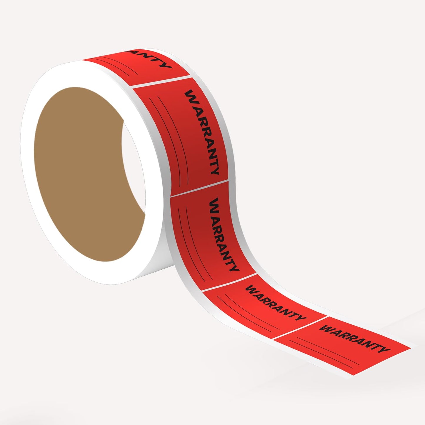 Roll of red warranty write-in labels with black text on a white background