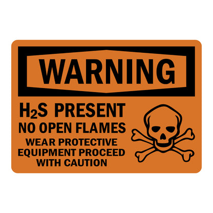OSHA Warning H2S Present No Open Flames Wear Protective Equipment Proceed With Caution sign sticker, black Warning header, skull and crossbones toxic hazard icon, bold black text on orange background, toxic gas hazard workplace safety compliance sign