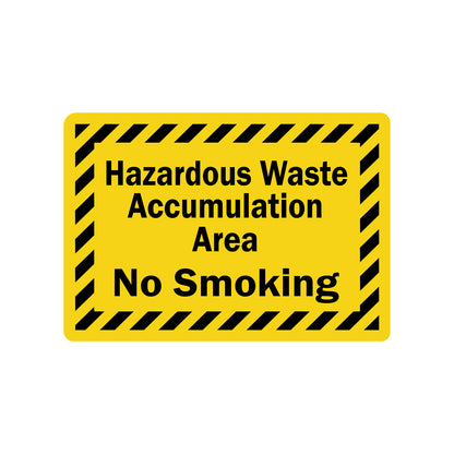 Hazardous Waste Accumulation Area No Smoking Sign Sticker prohibiting smoking in designated hazardous waste accumulation zones, yellow and black hazard stripe design for EPA, RCRA, and fire safety compliance in industrial facilities