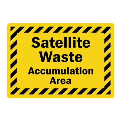 Satellite Waste Accumulation Area Sign Sticker identifying EPA designated satellite hazardous waste accumulation points for RCRA compliant waste collection and storage in industrial and laboratory environments