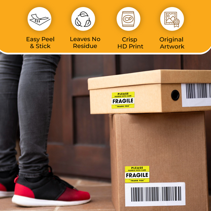 "Yellow Fragile Handle With Care stickers on shipping boxes highlighting features: Easy Peel & Stick, No Residue, Crisp HD Print, Original Artwork."