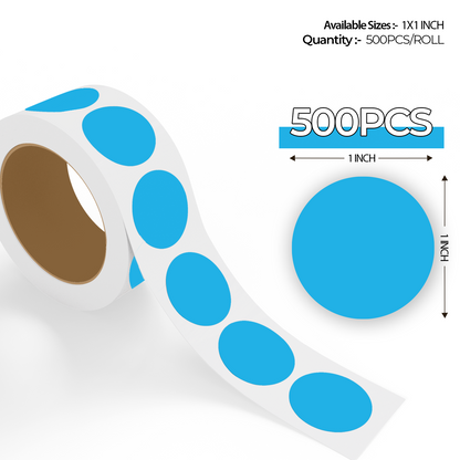 "500pcs Light Blue Dot Labels roll with enlarged sticker preview, round colored dot stickers for inventory organization."