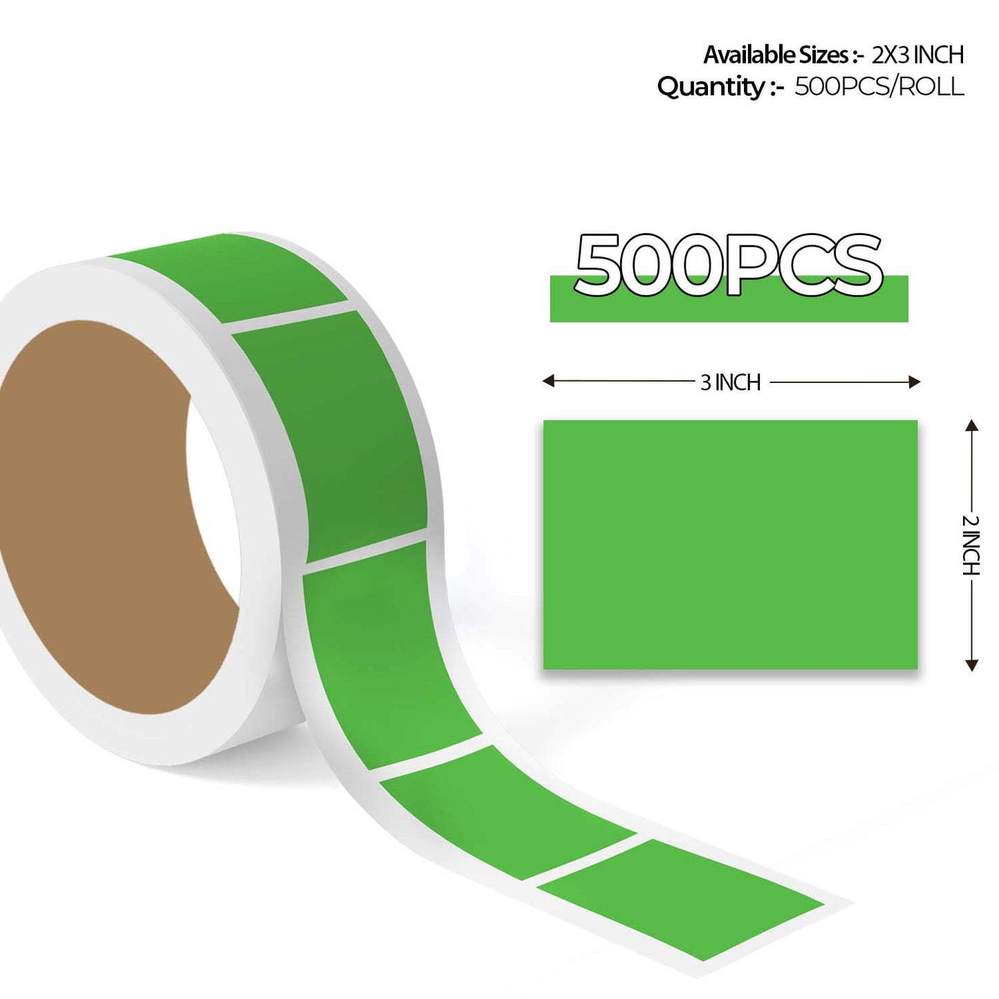 "500pcs Fluorescent Green Color Code Rectangle Labels roll with enlarged sticker preview, rectangular colored label stickers for inventory organization."