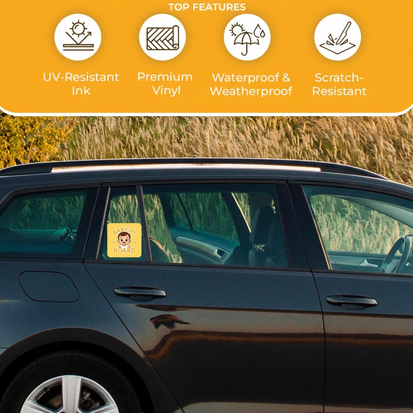Car with a Baby On Board Sticker – Real Baby Photo Design in a field, featuring durability features on an orange banner.