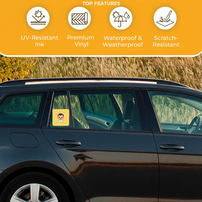 Car with a Baby On Board Sticker – Real Baby Photo Design in a field, featuring durability features on an orange banner.