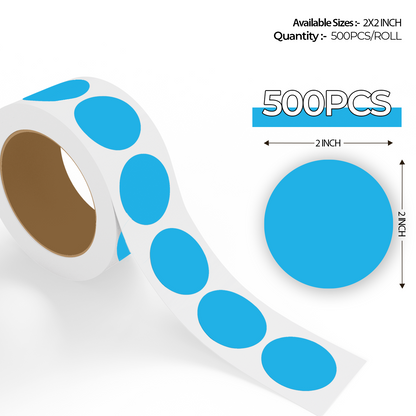 "500pcs Light Blue Dot Labels roll with enlarged sticker preview, round colored dot stickers for inventory organization."