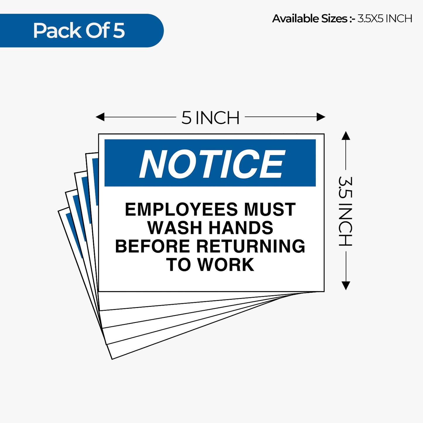 StickerJet Employees Must Wash Hands 3.5""x5"" and 5""x7"" Workplace Stickers - Pack of 5 Individually Cut Rectangle Premium Vinyl Decals, Waterproof, Weatherproof, Scratch-proof, UV resistant