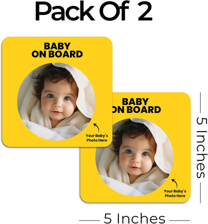 Yellow custom baby on board sticker with a cute baby photo in a circle frame pack of 2