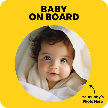 Yellow custom baby on board sticker with a cute baby photo in a circle frame