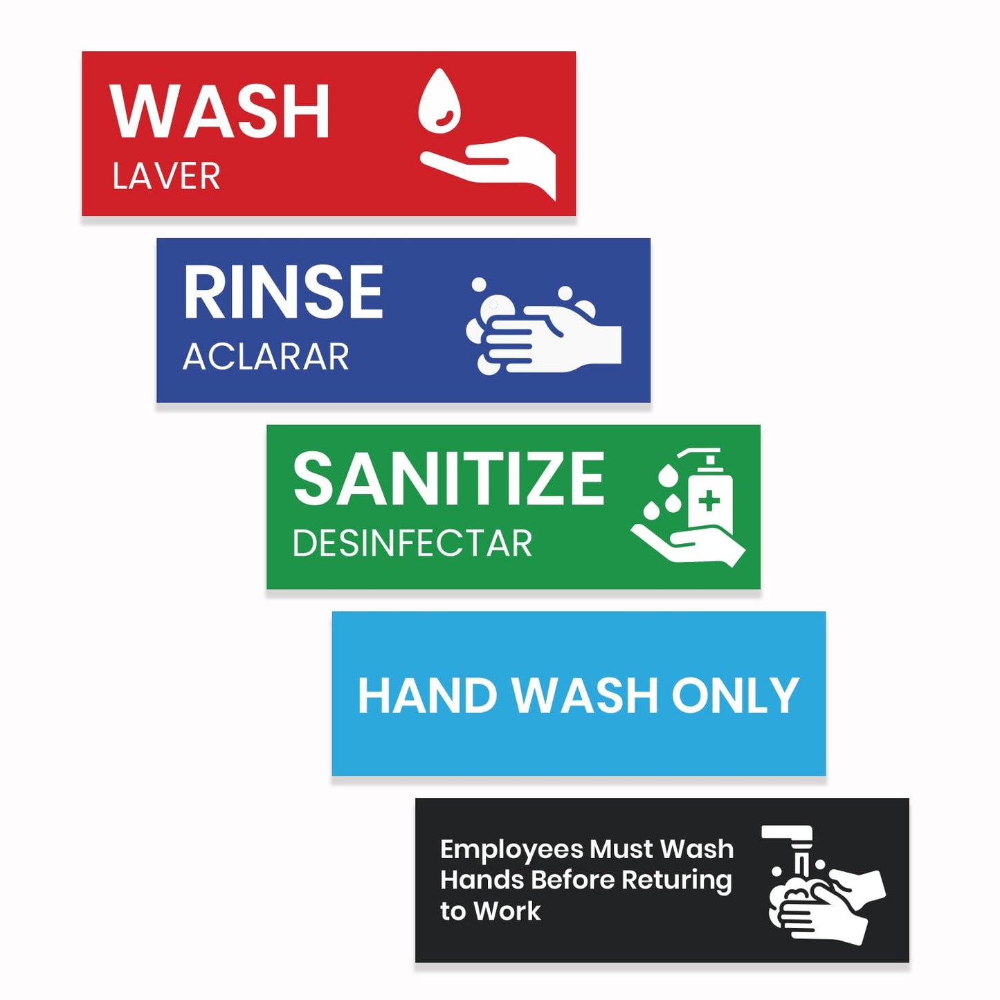 set of five sink label stickers, including wash in red rinse in blue sanitize in green hand wash only in blue, and employees must wash hands before returning to work in black