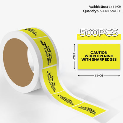 StickerJet Caution When Opening With Sharp Edges – OSHA Receiving Labels – 3"x5" Rectangle Labels – 500 Qty/Roll – Paper, Easy Peel And Stick, Strong Adhesive, No Residue, Made In USA