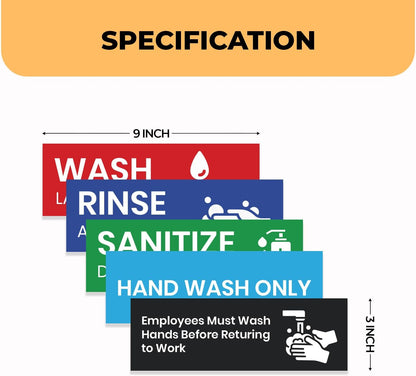 specification of 9x3 inch sink label stickers set including wash rinse sanitize hand wash only and employees must wash hands before returning to work in multiple colors