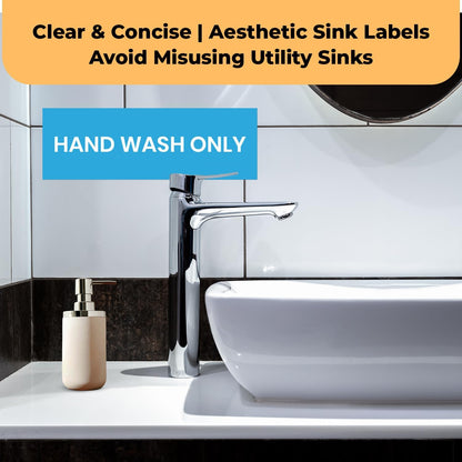 clear and concise aesthetic sink label sticker with hand wash only text on blue background displayed on modern bathroom sink with chrome faucet