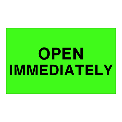 Open Immediately - Receiving Labels Label with bold black text on bright green background, alerts handlers to open the package as soon as it arrives at receiving.