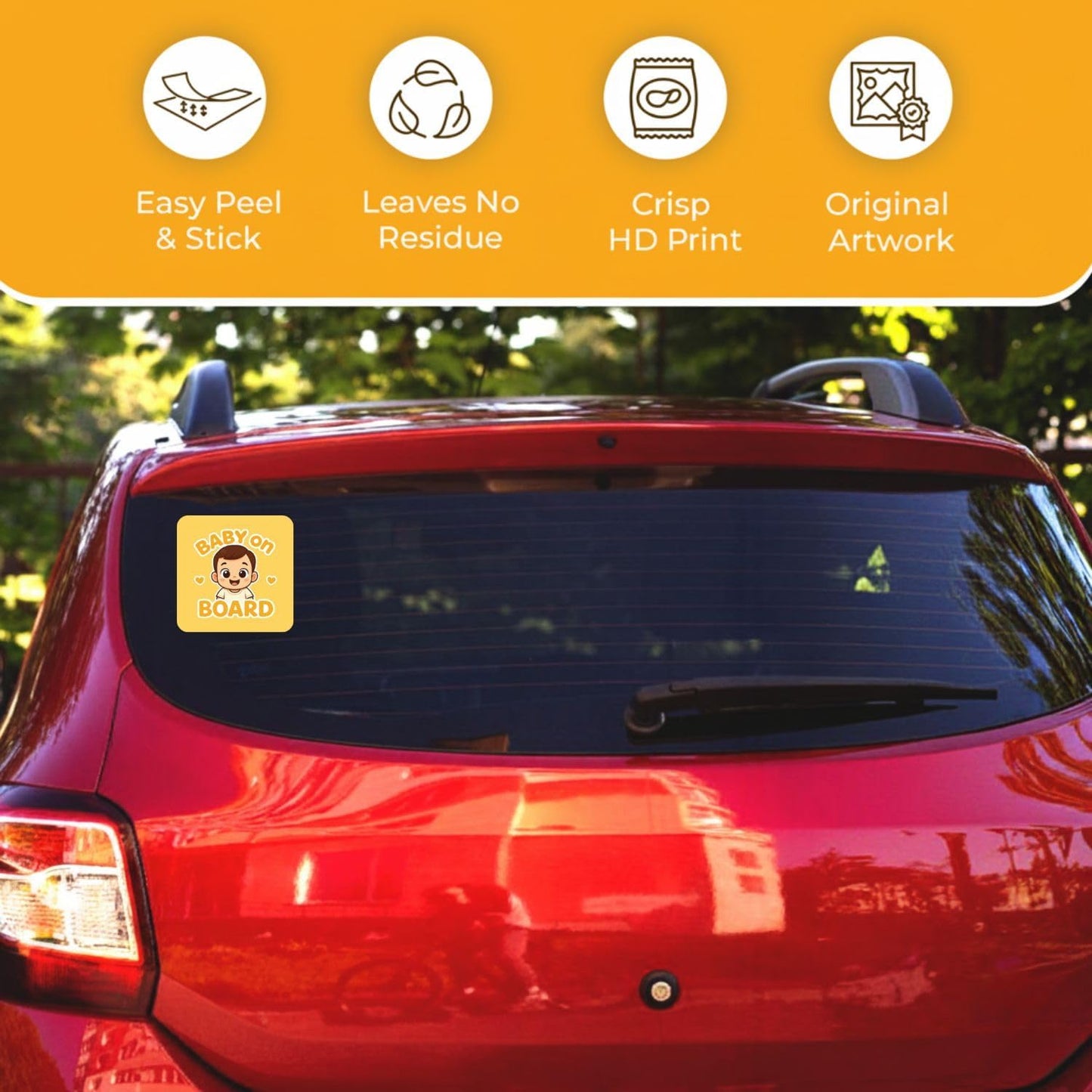 Car window with a Baby On Board Sticker – Real Baby Photo Design on a yellow background with product features.