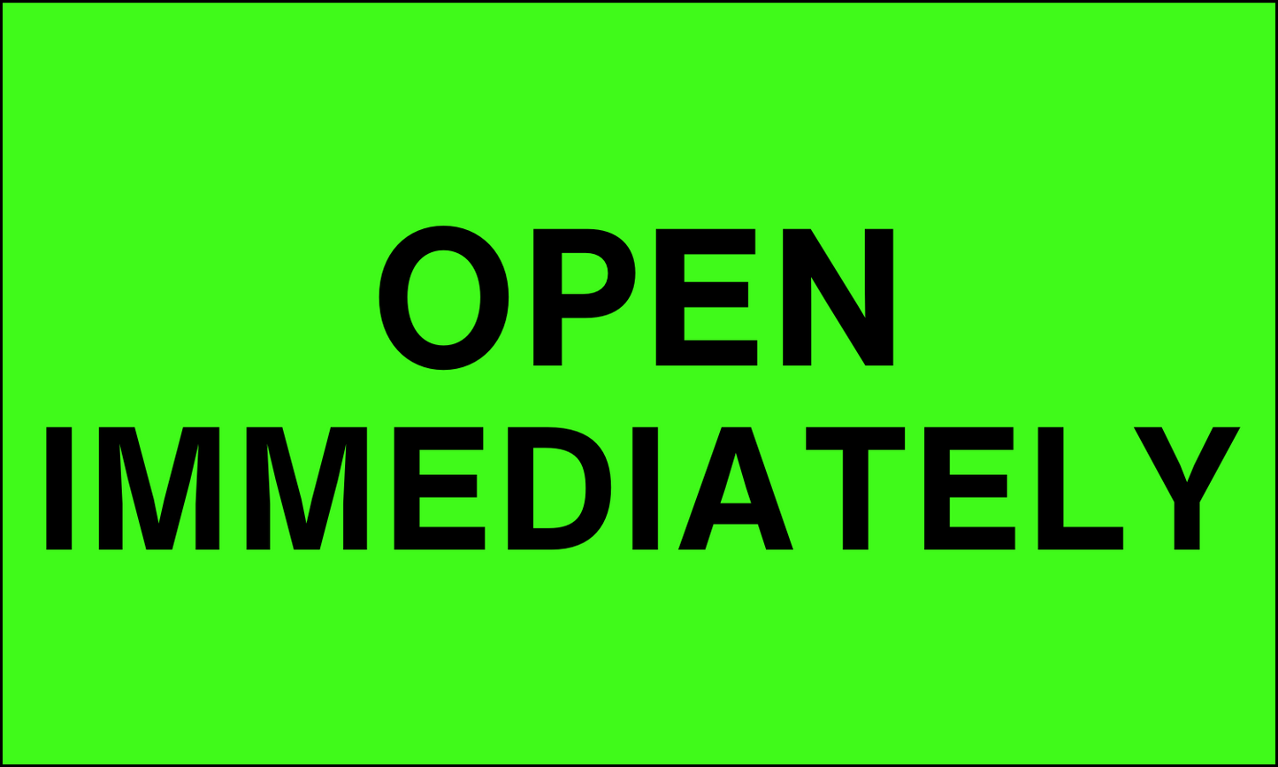 StickerJet Open Immediately – OSHA Receiving Labels – 3"x5" Rectangle Labels – 500 Qty/Roll – Paper, Easy Peel And Stick, Strong Adhesive, No Residue, Made In USA