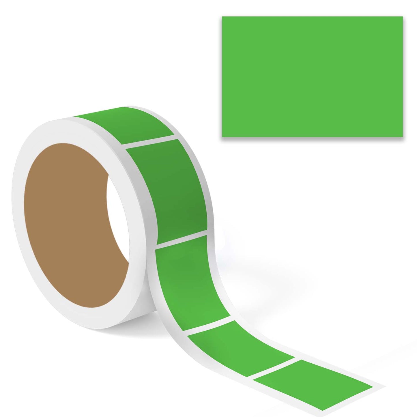 "Fluorescent Green Color Code Rectangle Labels sticker roll with enlarged preview, solid rectangular colored label stickers on white background."
