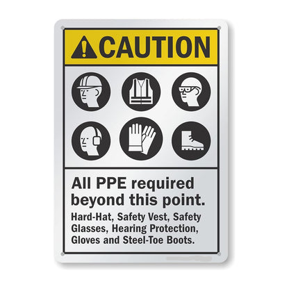 ANSI Caution All PPE Required Beyond This Point Sign Sticker displaying six equipment icons including hard hat, safety vest, glasses, hearing protection, gloves, and steel-toe boots.