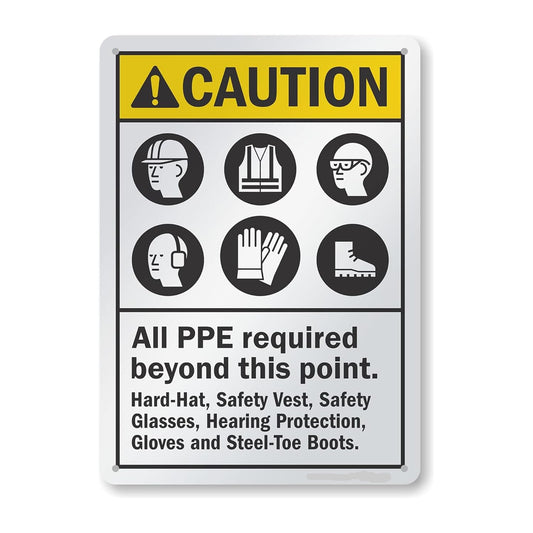 ANSI Caution All PPE Required Beyond This Point Sign Stickers Hard Hat Safety Vest Glasses Hearing Protection sign stickers