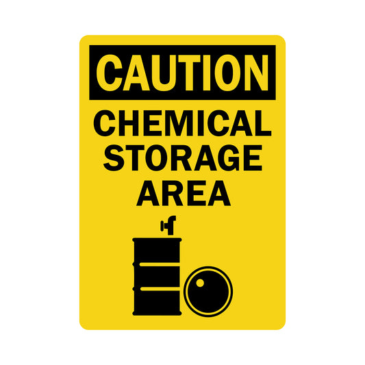 OSHA Caution: Chemical Storage Area (Vertical - With Drum Graphic)