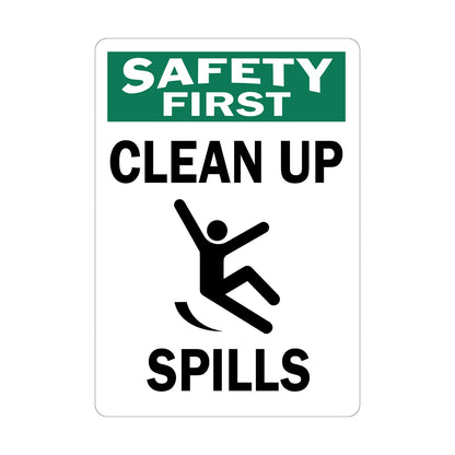 OSHA Safety First: Clean Up Spills Sign Sticker with slip and fall graphic in bold white on green header, ideal for warehouses, production floors, and workplace slip hazard prevention compliance signage