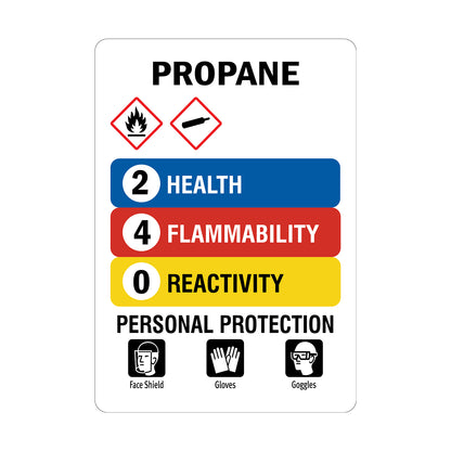 HMIS Propane CAS No. 74-98-6 sticker, flammable and gas cylinder GHS icons, Health 2 Flammability 4 Reactivity 0 rated color bars, face shield gloves goggles PPE icons, chemical hazard workplace safety compliance sign