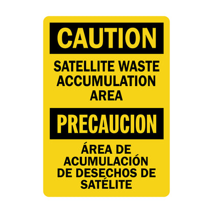 Bilingual OSHA Caution Satellite Waste Accumulation Area Precaucion Area De Acumulacion De Desechos De Satelite Sign Sticker for English and Spanish satellite waste accumulation zone identification for EPA and RCRA regulatory compliance in industrial facilities