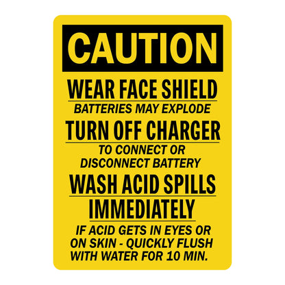 OSHA Caution: Wear Face Shield Batteries May Explode Turn Off Charger Wash Acid Spills Immediately Sign Sticker in bold yellow on black header, ideal for battery charging stations, labs, and workplace chemical burn prevention compliance signage