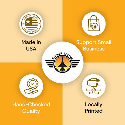 Promotional graphic with StickerJet branding and icons indicating 'Made in USA', 'Support Small Business', 'Hand-Checked Quality', and 'Locally Printed' on a yellow and orange background.