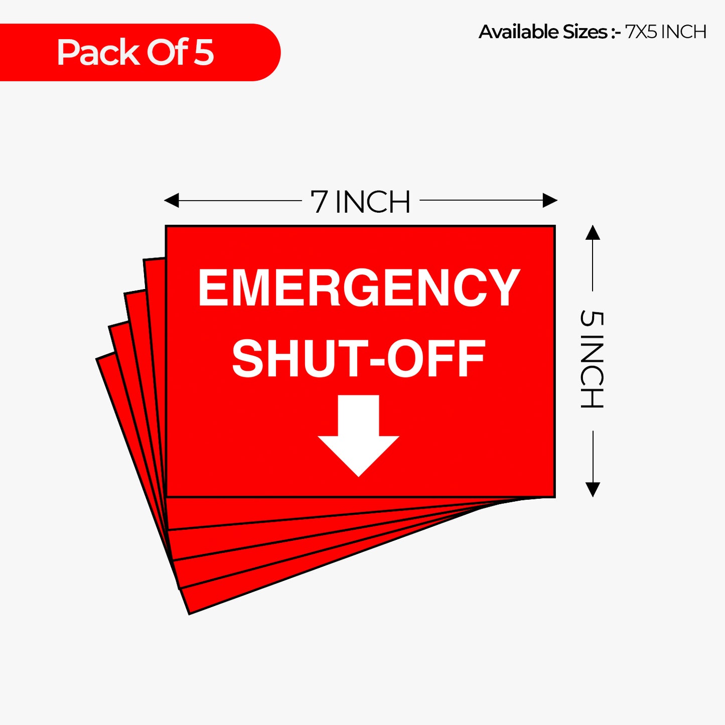 StickerJet Emergency Shut-Off 3.5""x5"" and 5""x7"" Workplace Stickers - Pack of 5 Individually Cut Rectangle Premium Vinyl Decals, Waterproof, Weatherproof, Scratch-proof, UV resistant