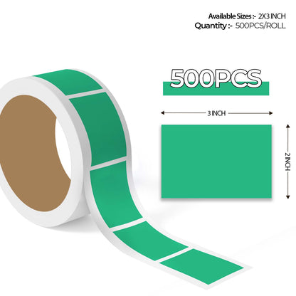 "500pcs Kelly Green Color Code Rectangle Labels roll with enlarged sticker preview, rectangular colored label stickers for inventory organization."