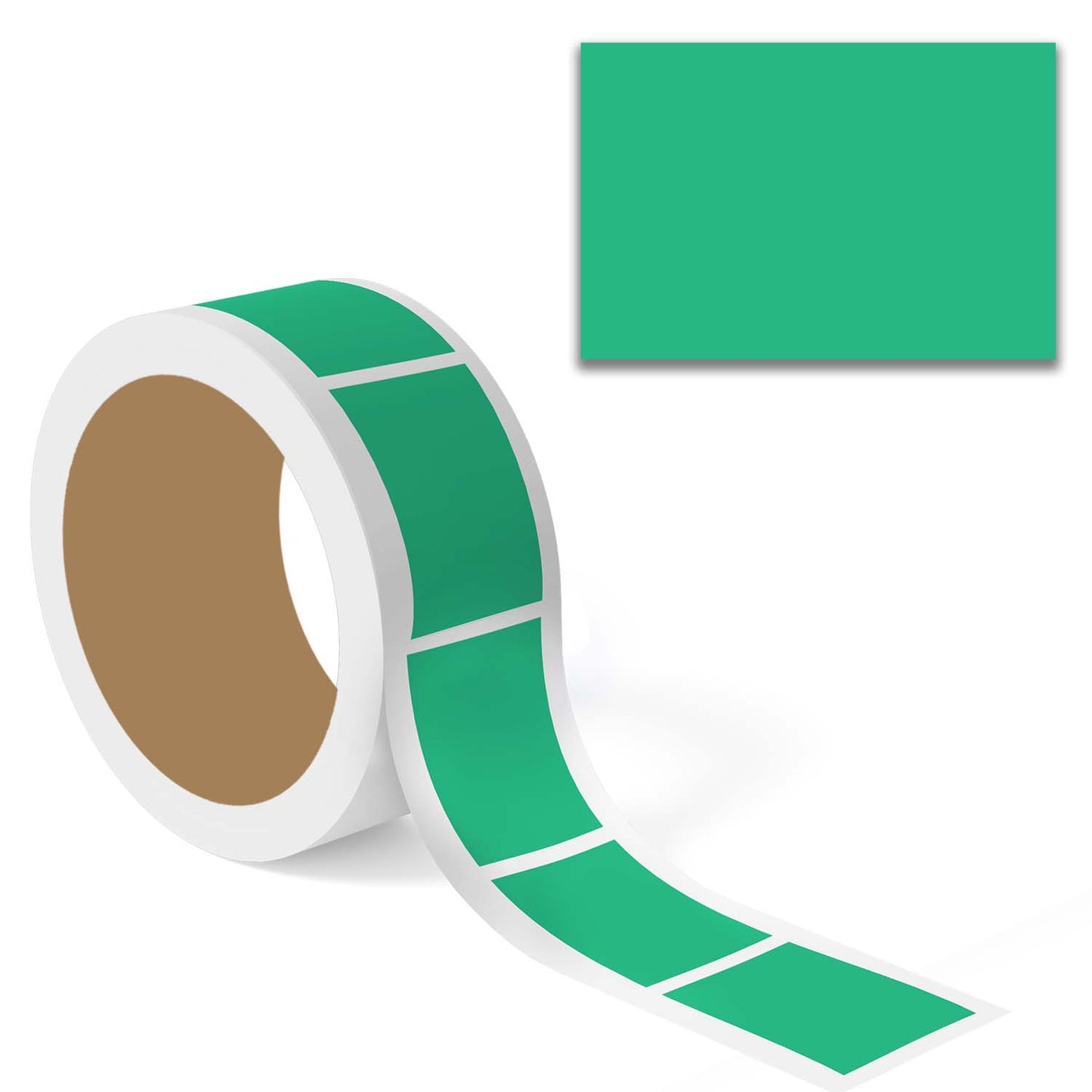 "Kelly Green Color Code Rectangle Labels sticker roll with enlarged preview, solid rectangular colored label stickers on white background."