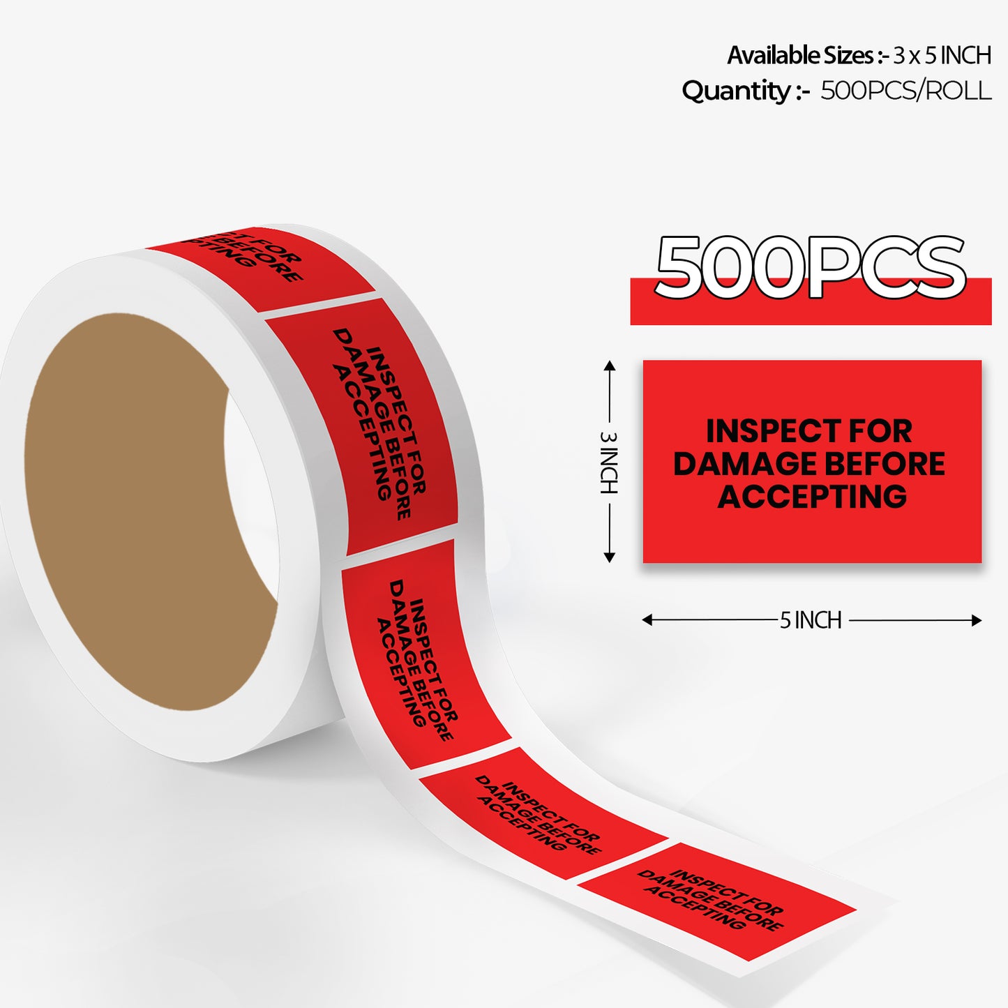 StickerJet Inspect for Damage Before Accepting – OSHA Receiving Labels – 3"x5" Rectangle Labels – 500 Qty/Roll – Paper, Easy Peel And Stick, Strong Adhesive, No Residue, Made In USA