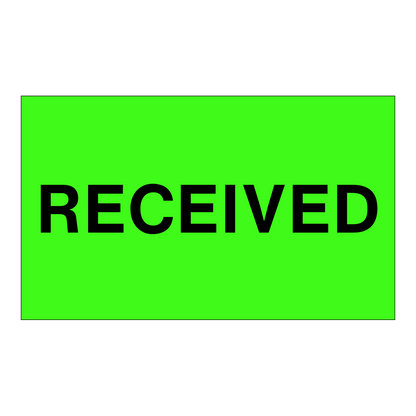 Received - Receiving Labels Label with bold black text on bright green background, used to mark packages or shipments as received at a warehouse or receiving dock.